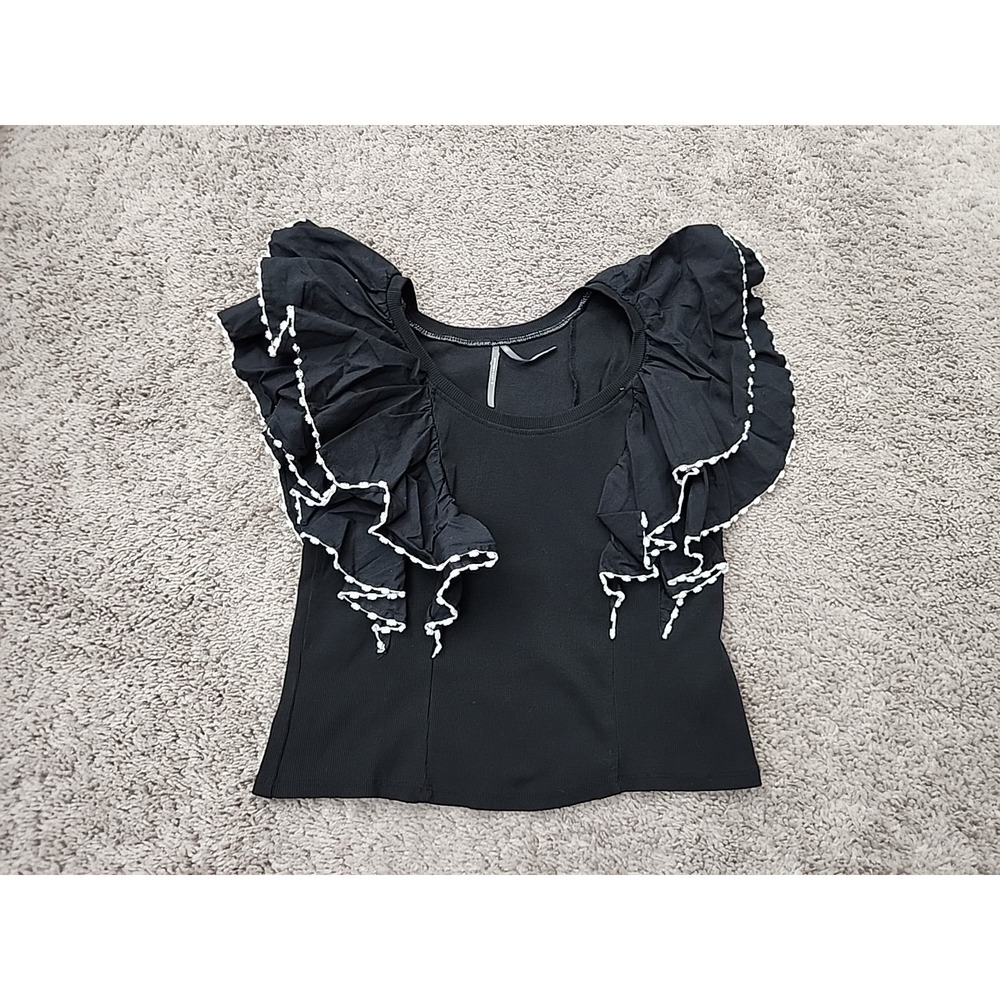 Anthropologie Ruffle Top Womens L Black Pom Pom Trim Ribbed Knit Scoop Neck
